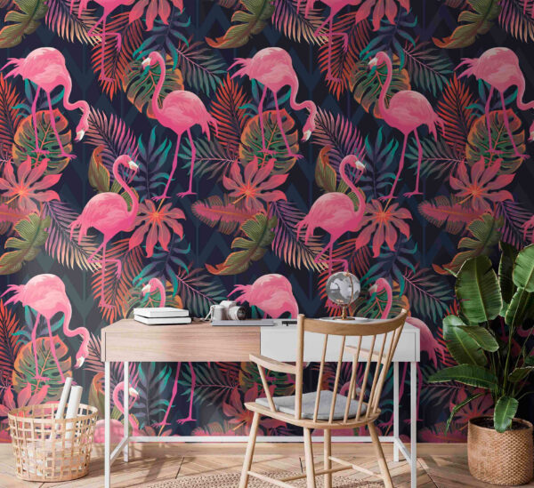 Papier peint Papier peint Motif de flamants roses et de feuilles (UGS : u73089)