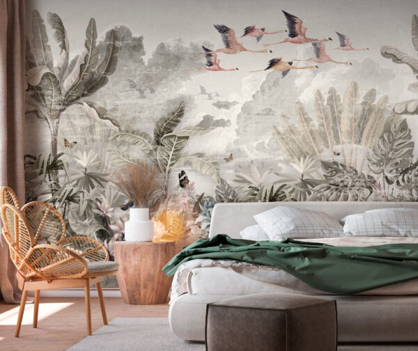 Les flamants roses s'élèvent au-dessus de la tapisserie de la jungle luxuriante Papier peint Les flamants roses s'élèvent au-dessus de la tapisserie de la jungle luxuriante