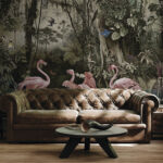 Papier peint Des flamants roses ornent un paysage de jungle luxuriante