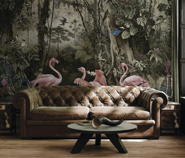 Papier peint Papier peint Des flamants roses ornent un paysage de jungle luxuriante (UGS : u73568)