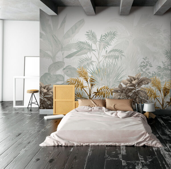 Les feuilles tropicales luxuriantes se mélangent harmonieusement Papier peint Les feuilles tropicales luxuriantes se mélangent harmonieusement