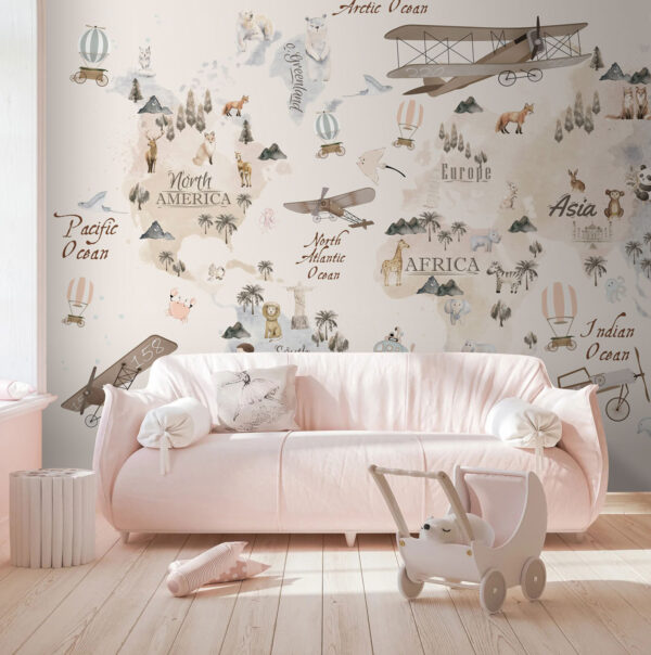 Carte vintage avec des animaux et des avions Papier peint Carte vintage avec des animaux et des avions