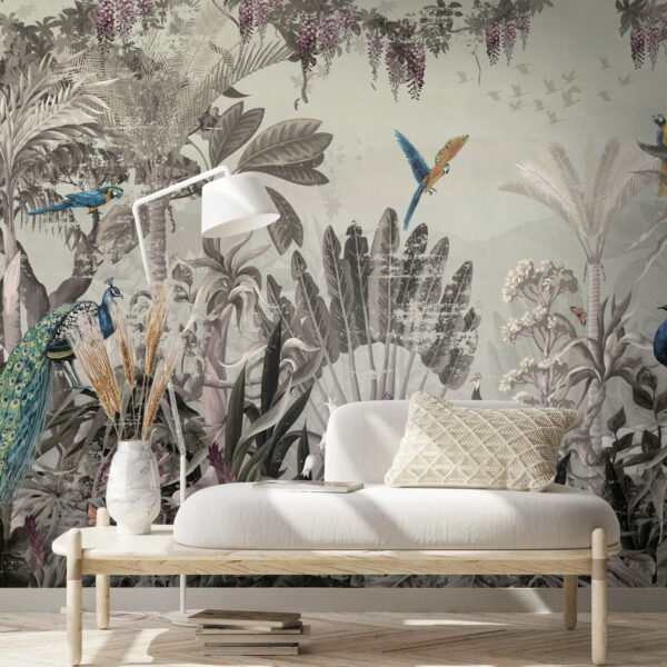 Oiseaux tropicaux dans une végétation luxuriante Papier peint Oiseaux tropicaux dans une végétation luxuriante