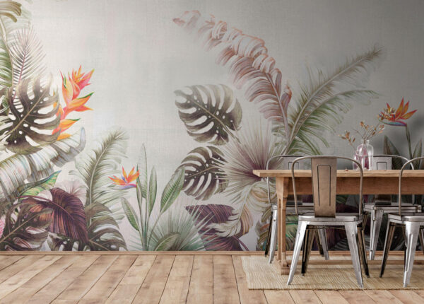 Papier peint Feuilles tropicales et fleurs éclatantes (UGS : u73990) Papier peint Papier peint Feuilles tropicales et fleurs éclatantes (UGS : u73990)