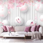 Papier peint Groupe de boules blanches ornées de papillons roses
