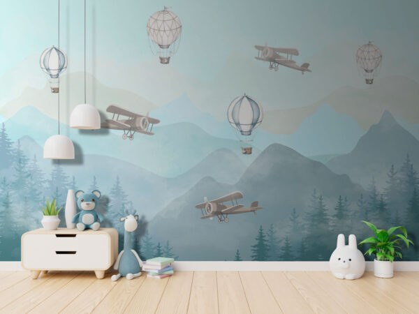 Avions et ballons au-dessus des montagnes brumeuses Papier peint Avions et ballons au-dessus des montagnes brumeuses