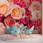 Papier peint Groupe de roses roses et blanches