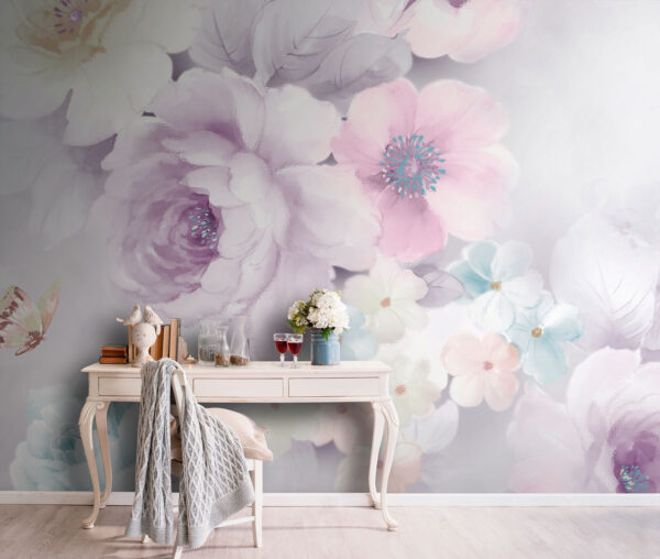 Fleurs fantaisistes avec un papillon délicat Papier peint Fleurs fantaisistes avec un papillon délicat