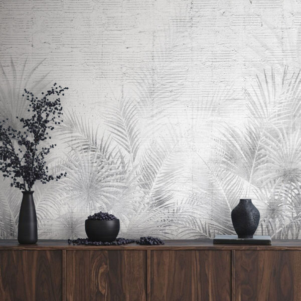 Papier peint gris et blanc avec feuilles de palmier Papier peint Papier peint gris et blanc avec feuilles de palmier