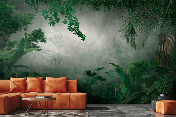 Scène de jungle luxuriante et brumeuse Papier peint Scène de jungle luxuriante et brumeuse