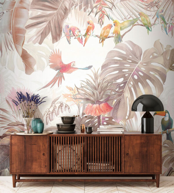 Oiseaux tropicaux parmi un feuillage luxuriant Papier peint Oiseaux tropicaux parmi un feuillage luxuriant