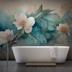 Papier peint Aquarelles florales sur fond sarcelle.