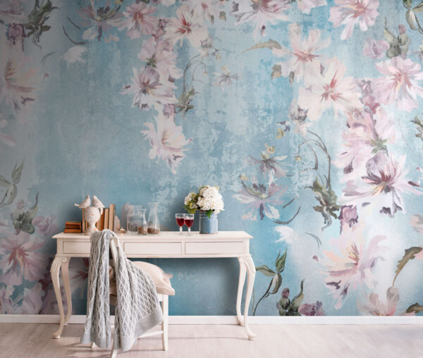 Des fleurs douces dansent sur le bleu ciel Papier peint Des fleurs douces dansent sur le bleu ciel