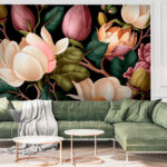 Papier peint Magnolias élégants et feuilles luxuriantes.