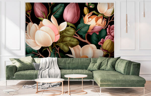 Magnolias élégants et feuilles luxuriantes Papier peint Magnolias élégants et feuilles luxuriantes