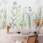 Papier peint Aquarelle de fleurs et de feuilles