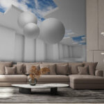 Papier peint Chambre blanche avec murs blancs et boules blanches