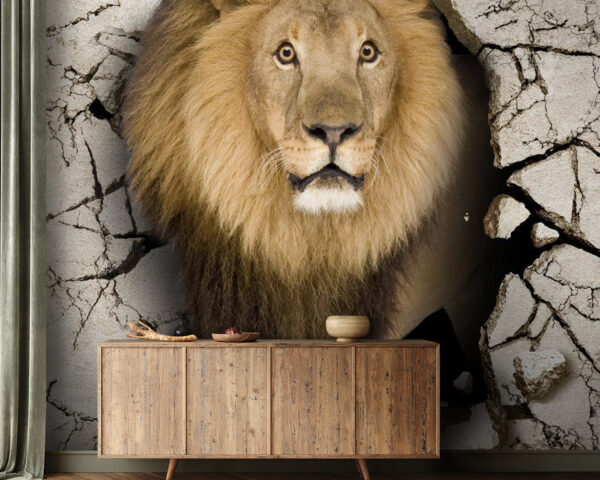Lion traversant un mur de fissures Papier peint Lion traversant un mur de fissures