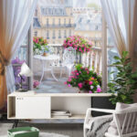 Papier peint Balcon parisien serein avec des fleurs