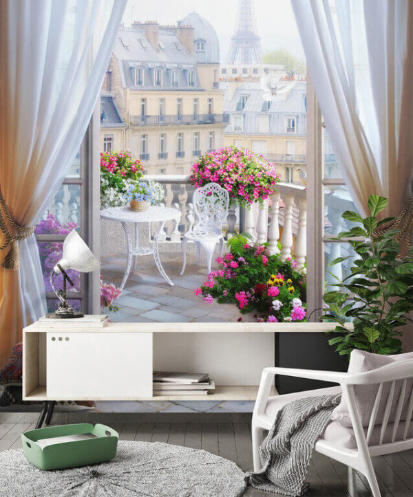 Balcon parisien serein avec des fleurs Papier peint Balcon parisien serein avec des fleurs
