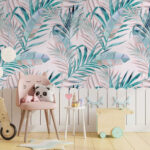 Papier peint Motif de feuilles sur fond rose