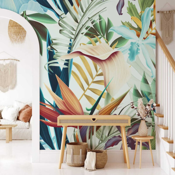 Feuilles et fleurs tropicales vibrantes Papier peint Feuilles et fleurs tropicales vibrantes