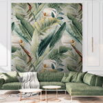 Papier peint Motif de feuilles et de fleurs vertes