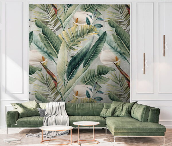 Motif de feuilles et de fleurs vertes Papier peint Motif de feuilles et de fleurs vertes