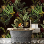 Papier peint Feuillage tropical luxuriant et fleurs éclatantes.