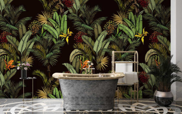 Feuillage tropical luxuriant et fleurs éclatantes Papier peint Feuillage tropical luxuriant et fleurs éclatantes