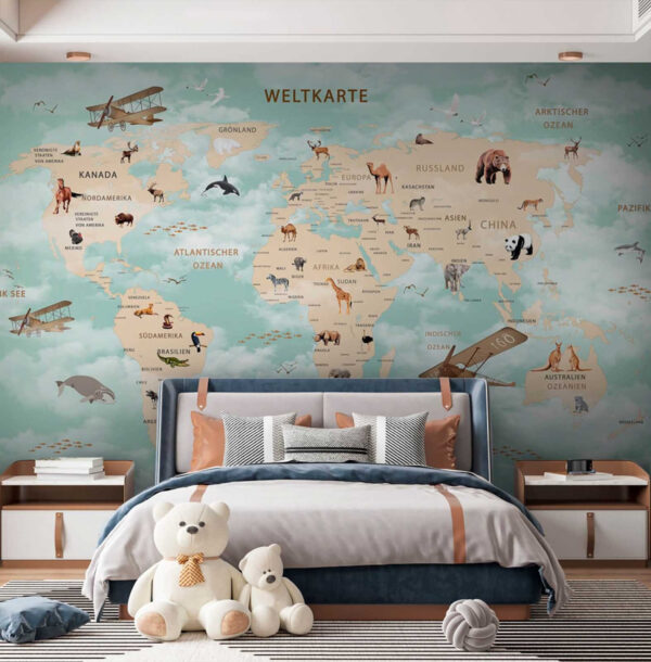 Carte du monde avec animaux Papier peint Carte du monde avec animaux