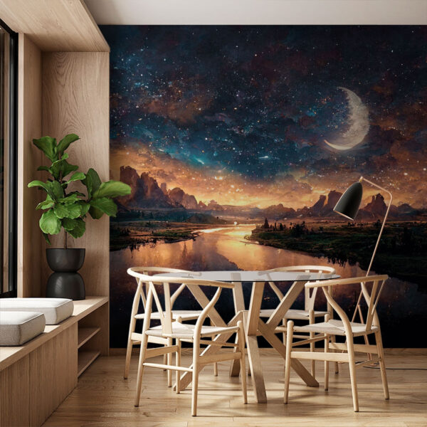 Rivière avec une lune dans le ciel Papier peint Rivière avec une lune dans le ciel