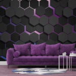 Papier peint Hexagones noirs avec des lumières violettes et bleues