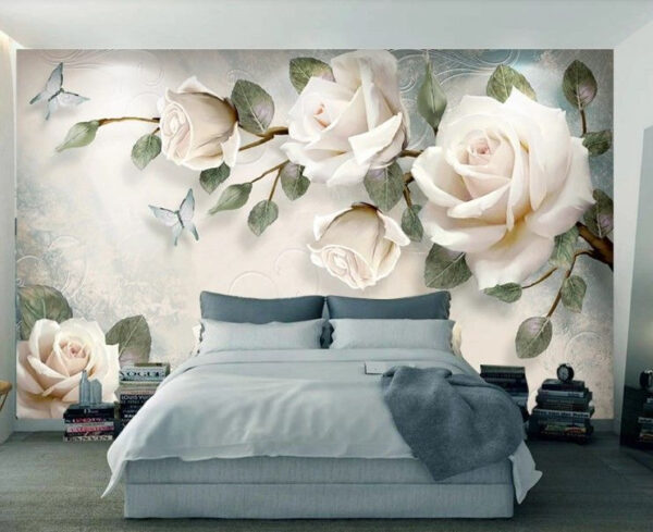 Roses élégantes et papillons délicats Papier peint Roses élégantes et papillons délicats