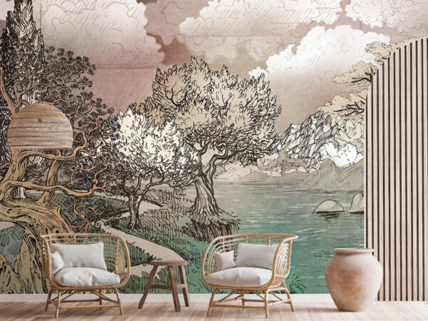 Paysage avec des arbres et un lac Papier peint Paysage avec des arbres et un lac