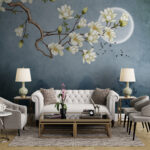 Papier peint Peinture d'une branche d'arbre avec des fleurs blanches