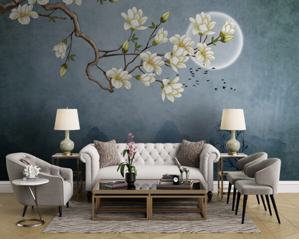 Peinture d'une branche d'arbre avec des fleurs blanches Papier peint Peinture d'une branche d'arbre avec des fleurs blanches