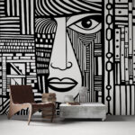Papier peint Dessin en noir et blanc d'un visage