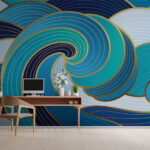 Papier peint Vagues tourbillonnantes bleues et blanches