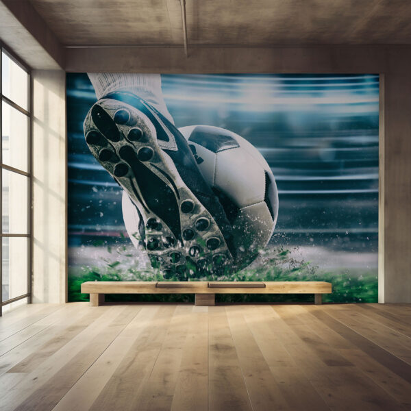 Papier peint Une chaussure de football frappe le ballon (UGS : u98534) Papier peint Papier peint Une chaussure de football frappe le ballon (UGS : u98534)