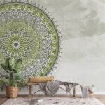Papier peint Cercle gris avec feuilles vertes