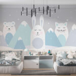 Papier peint Chat blanc avec un cercle bleu et des points roses