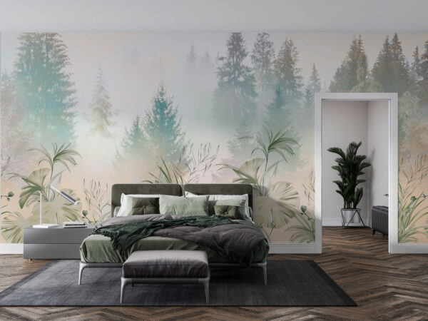 Forêt brumeuse avec verdure luxuriante Papier peint Forêt brumeuse avec verdure luxuriante