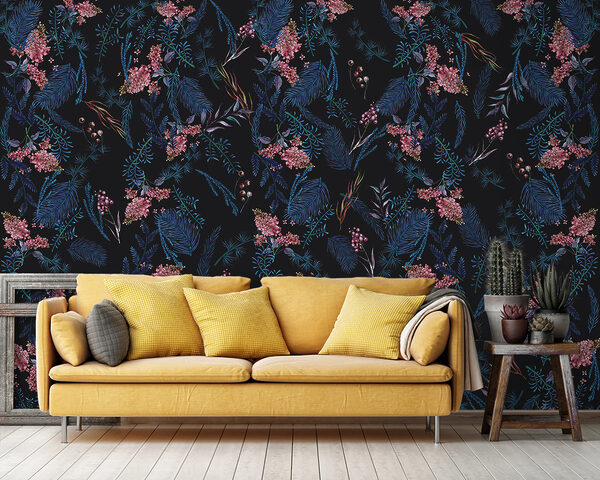 Motif floral vibrant sur fond sombre Papier peint Motif floral vibrant sur fond sombre