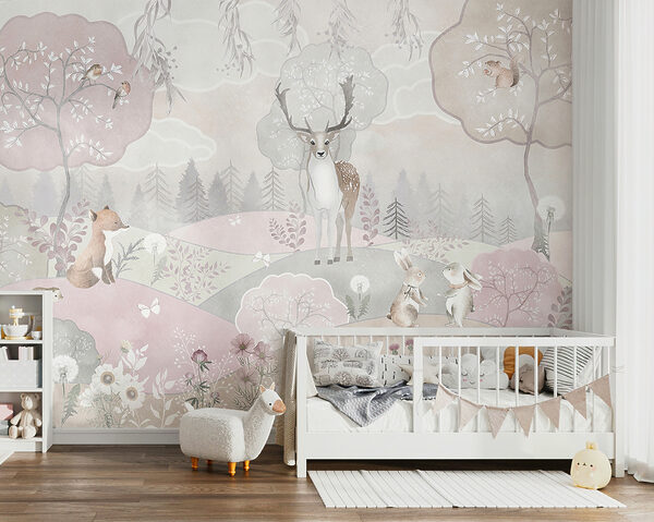Papier peint Papier peint Peinture d'un cerf et de fleurs (UGS : u98677)