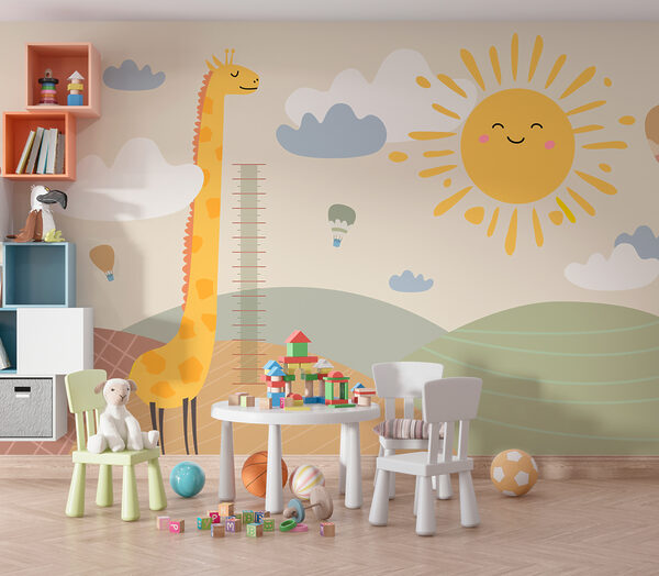 Girafe mesurant la taille d'un enfant Papier peint Girafe mesurant la taille d'un enfant