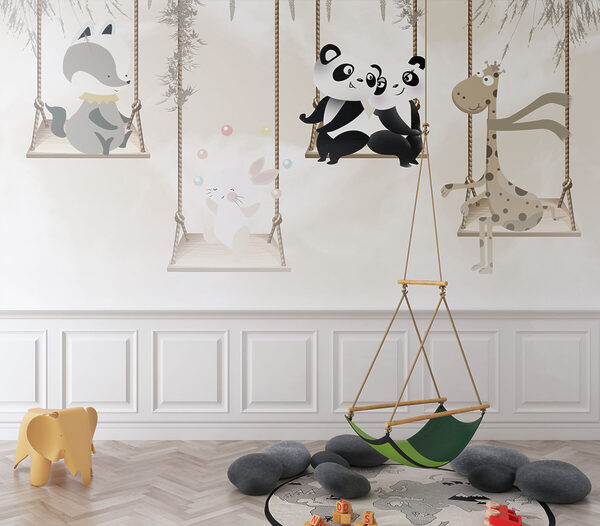 Couple de pandas assis sur une balançoire Papier peint Couple de pandas assis sur une balançoire