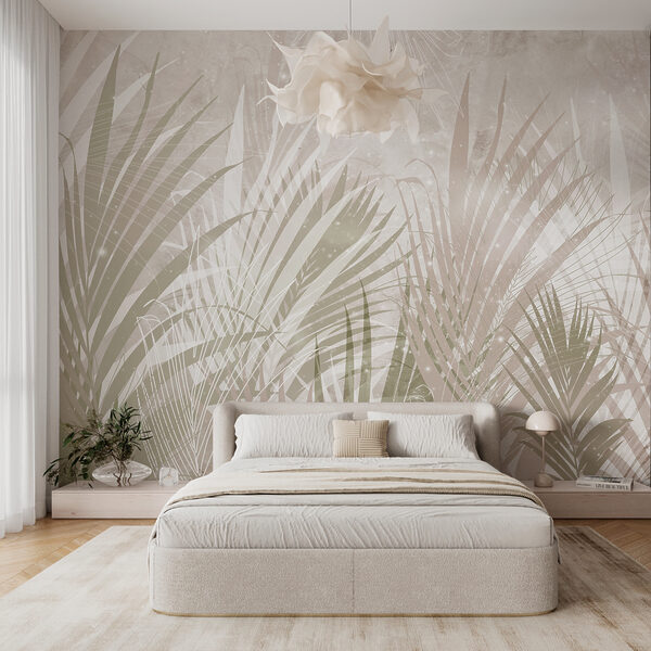 Motif de feuilles tropicales sur fond beige Papier peint Motif de feuilles tropicales sur fond beige
