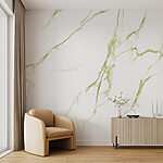 Papier peint Veines vertes sur une surface de marbre blanc