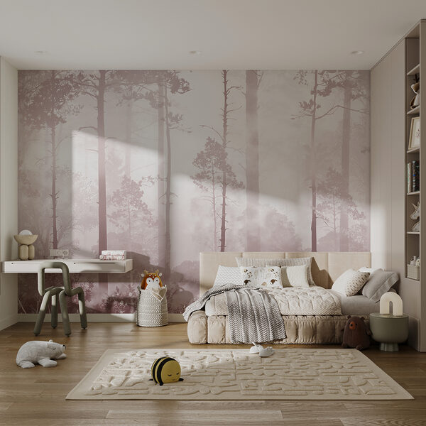 Papier peint Forêt brumeuse avec de grands arbres